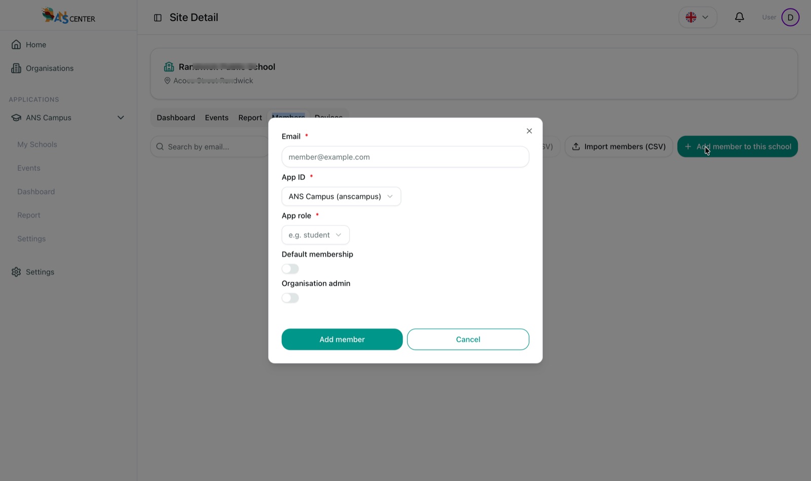 Add member to school dialog — email, app, app role such as student, default membership and organisation admin toggles