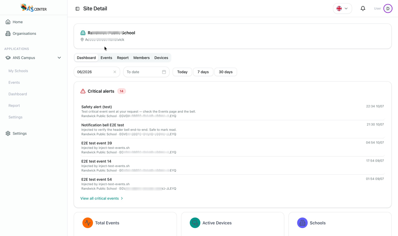 ANSCAMPUS site detail in ANSCMS — a school with critical alerts listed and tabs for dashboard, events, report, members and devices