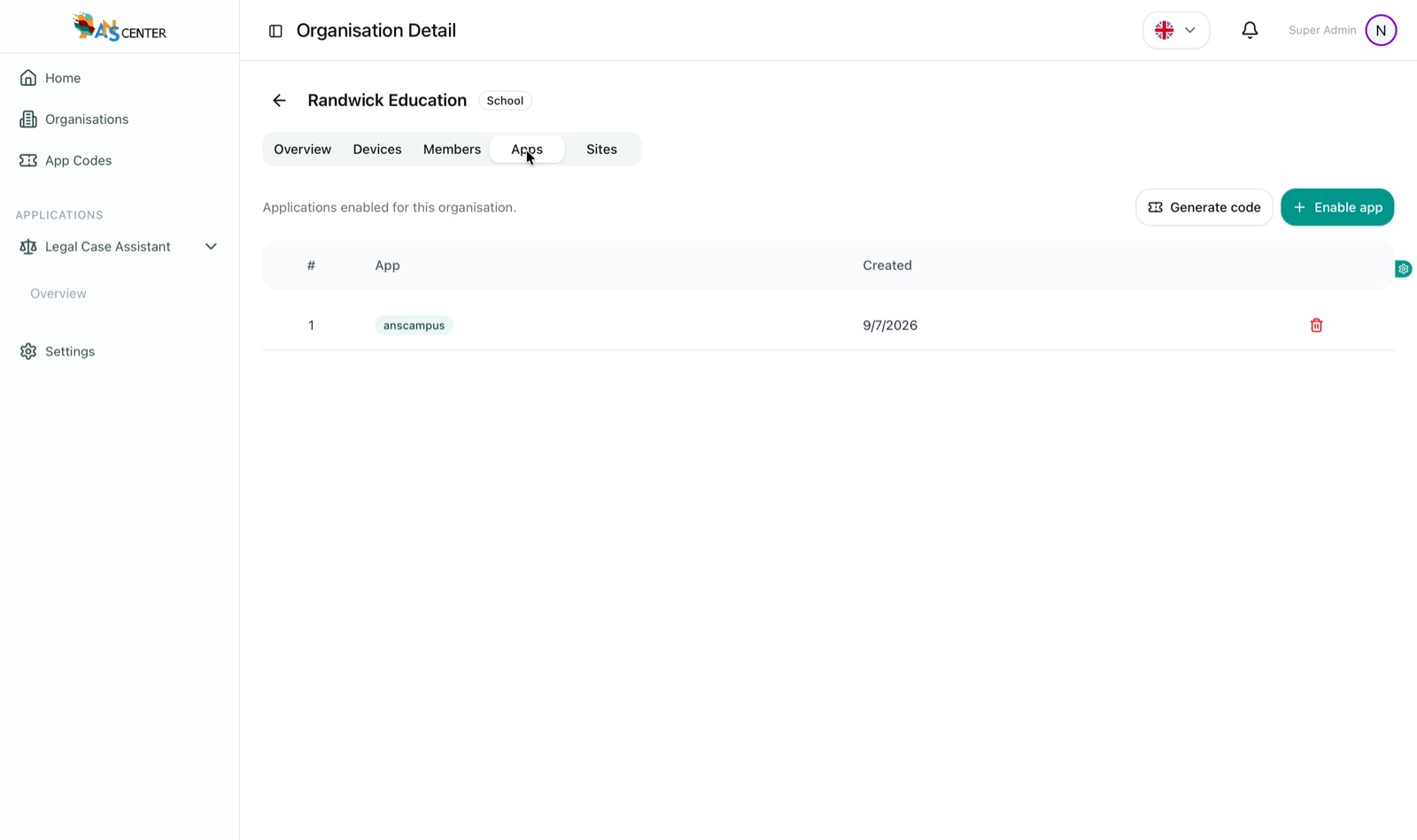 Apps tab showing the anscampus application enabled for the organisation with generate-code and enable-app actions