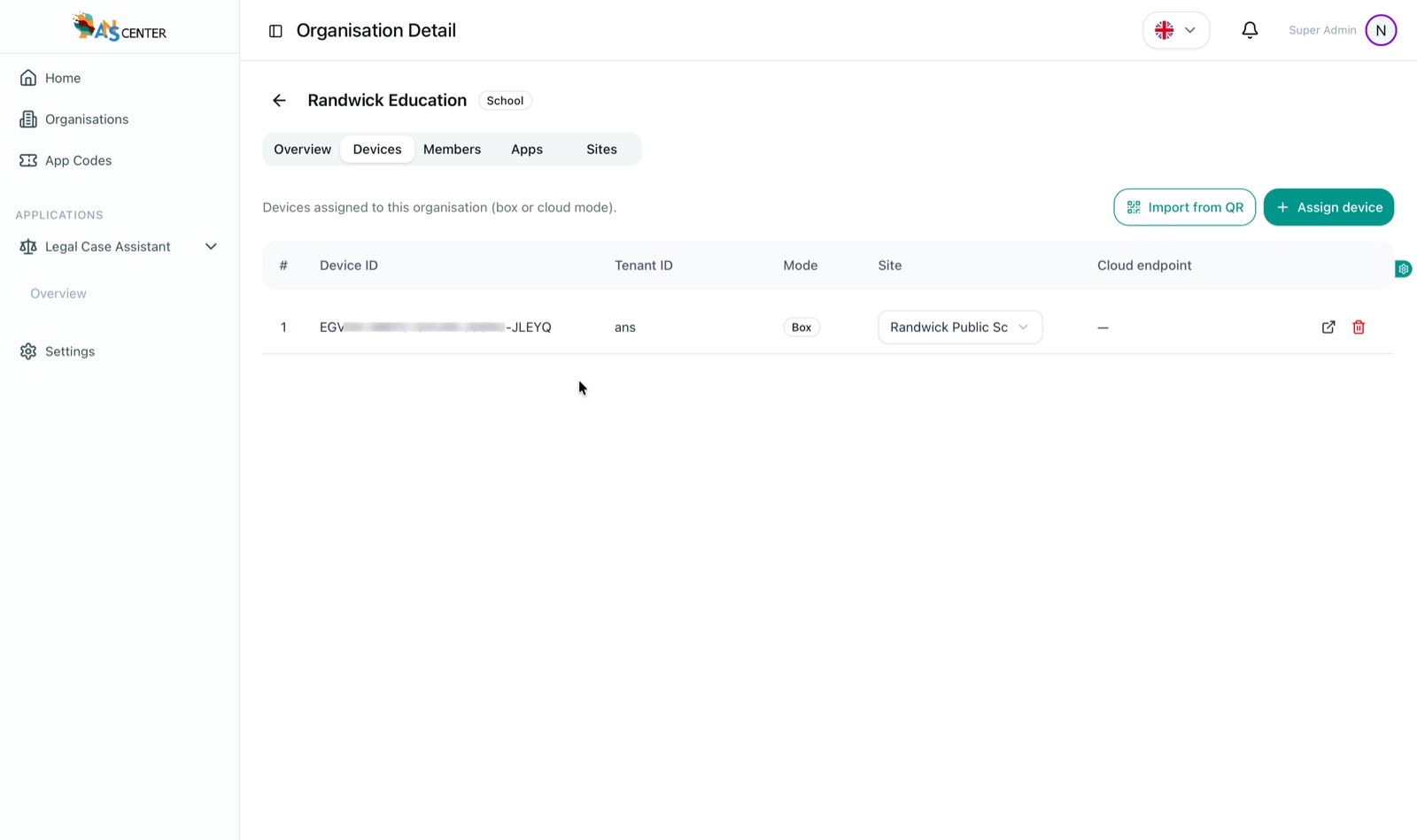 Devices tab showing an ANSBOX assigned to a site in box mode, with import-from-QR and assign-device actions