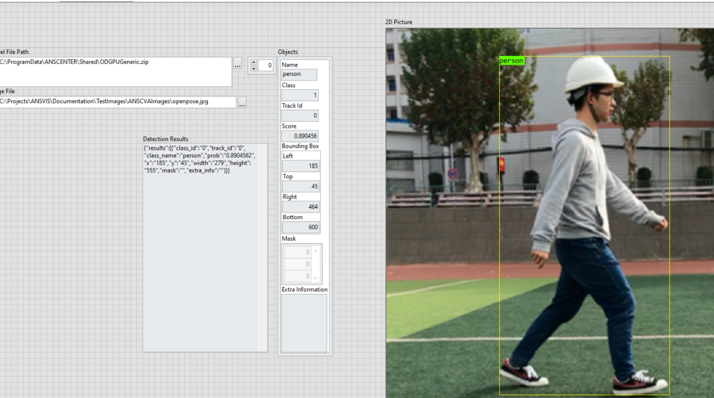 A LabVIEW front panel running ANS object detection — a person detected with a bounding box, plus object attributes and JSON results.