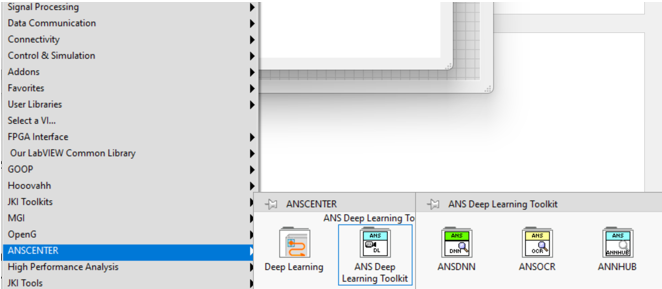 The LabVIEW Functions palette showing the ANSCENTER ANS Deep Learning Toolkit with ANSDNN, ANSOCR and ANNHUB VIs.