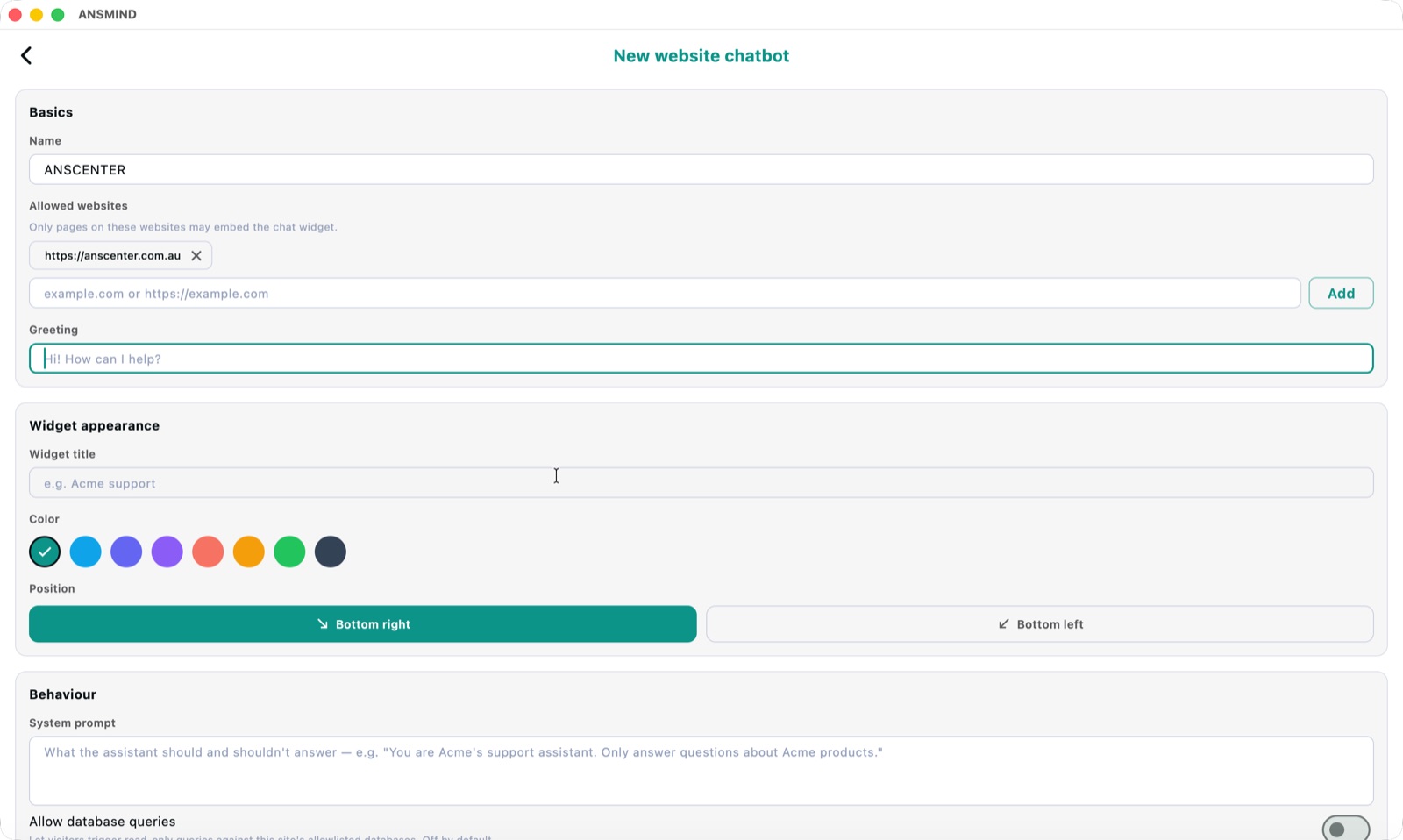 New website chatbot setup — allowed websites, greeting, widget colour and position