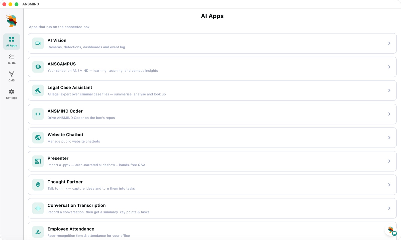ANSMIND AI Apps catalogue — AI Vision, ANSCAMPUS, Legal Case Assistant, Coder, Website Chatbot, Presenter and more