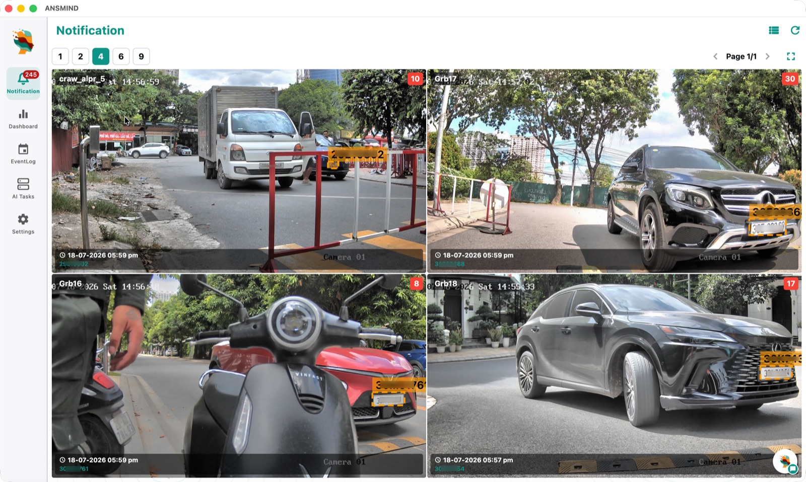Notification wall showing four live camera feeds with plate detections boxed and time-stamped