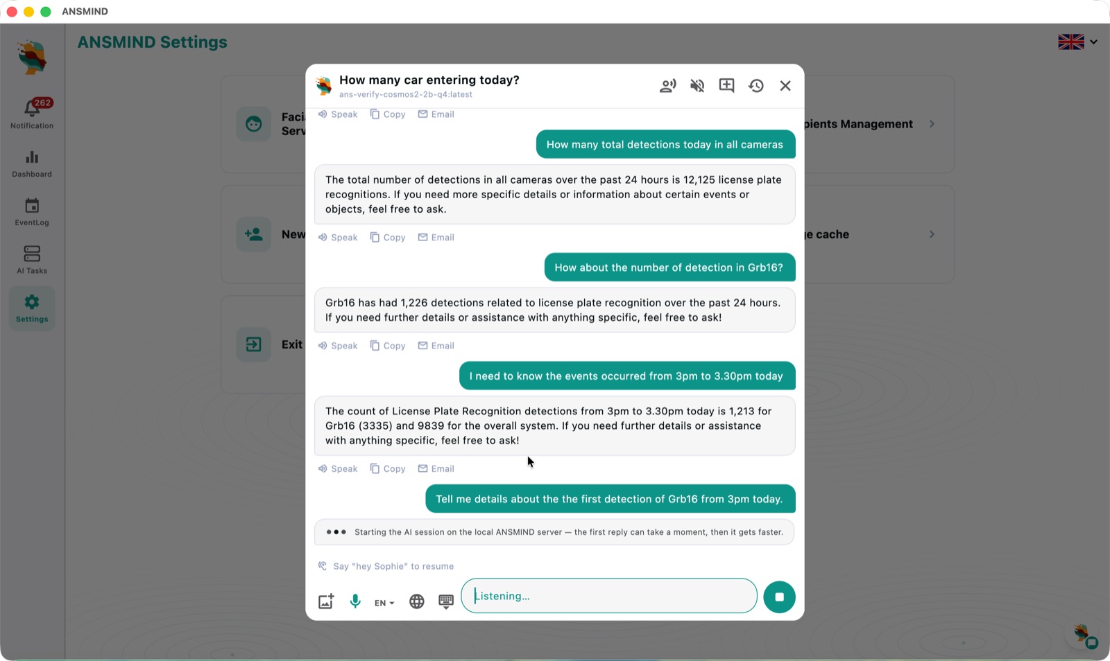 ANSMIND chat on ANSBOX answering questions about live camera detections, with voice control
