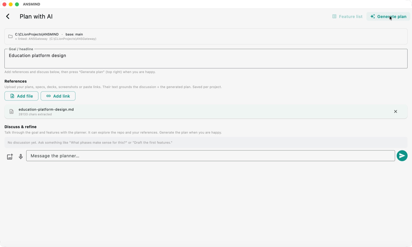 Plan with AI — a goal called Education platform design grounded by an uploaded reference document, ready to generate a plan