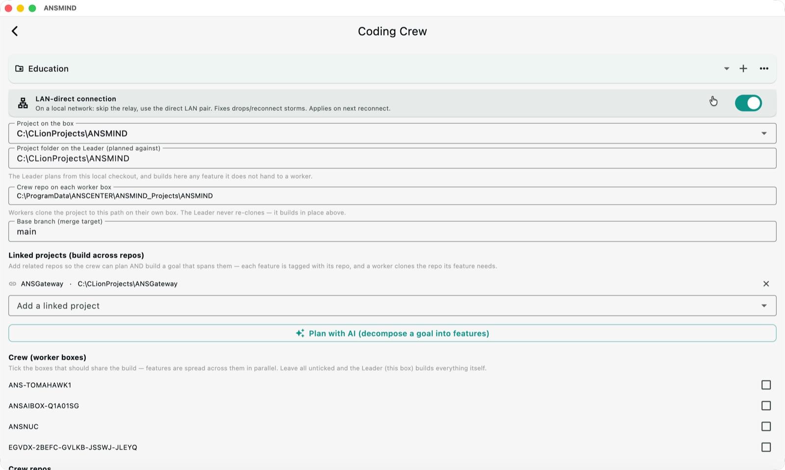 ANSMIND Coder crew configuration with worker boxes building features in parallel
