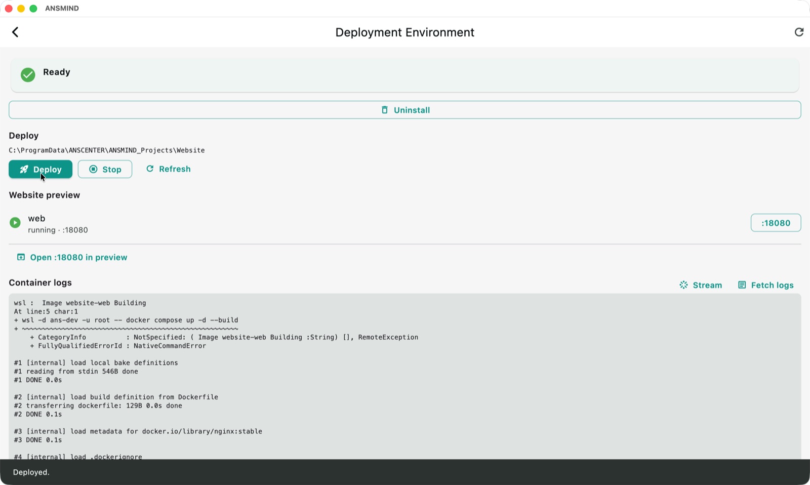 Deployment environment — one-click deploy with Docker container logs and a running web preview on port 18080