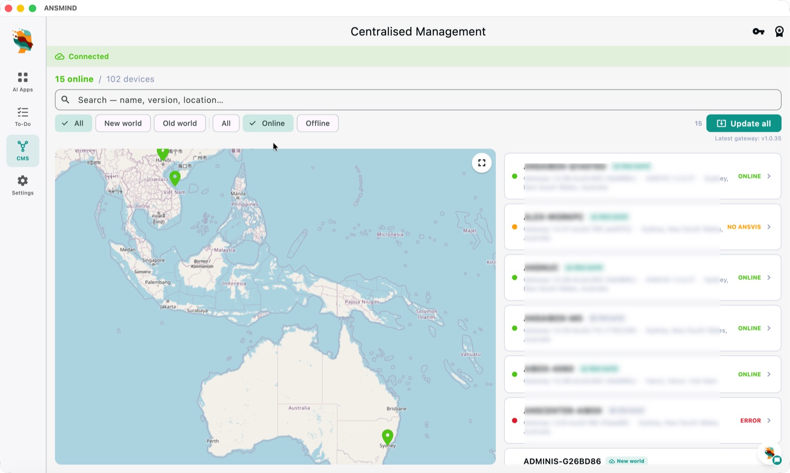 Centralised management map with 102 devices across countries and one-click update all