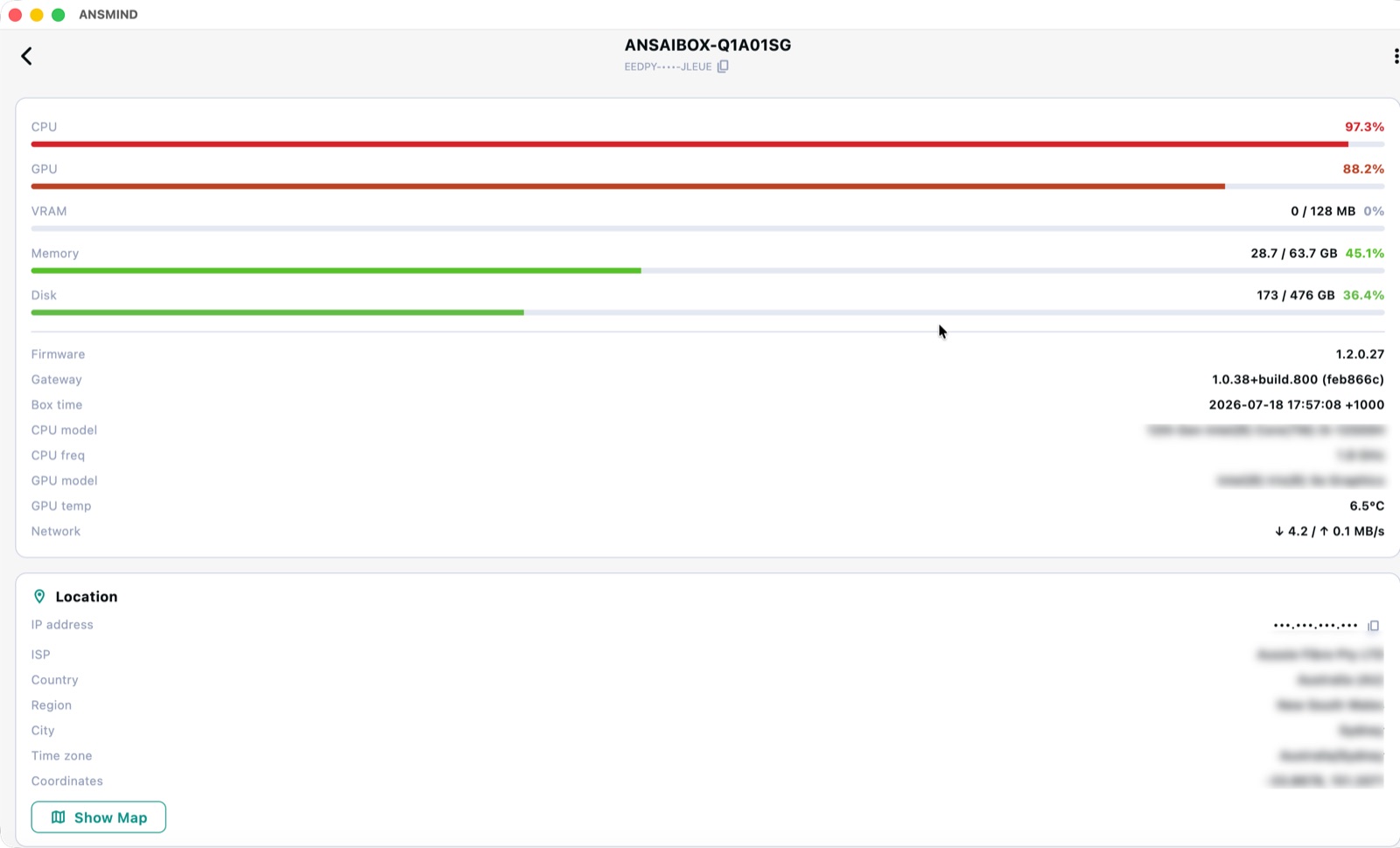 ANSBOX device health — CPU, GPU, VRAM, memory and disk usage plus firmware, gateway version and location