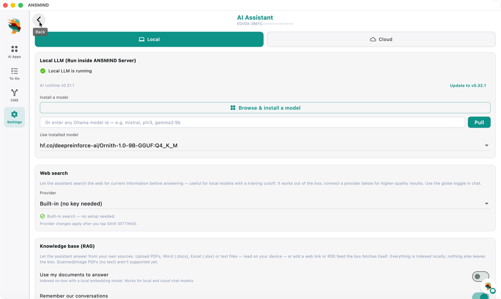 AI Assistant settings — local LLM running inside the ANSMIND server, web search provider and a knowledge base with RAG over uploaded documents