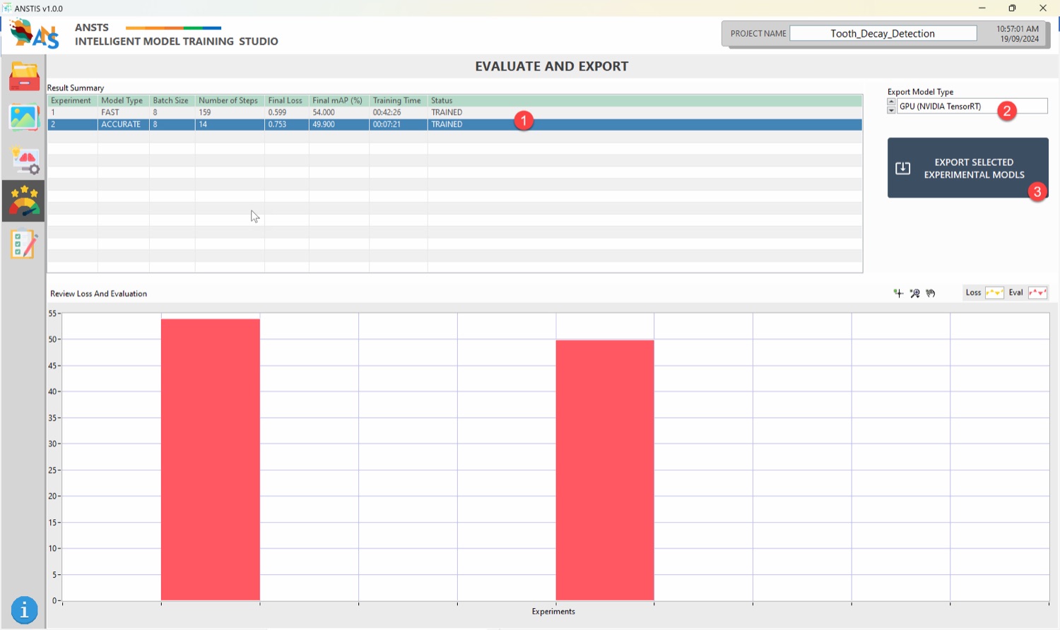 ANSTS evaluate-and-export screen comparing experiments by accuracy and exporting a model.