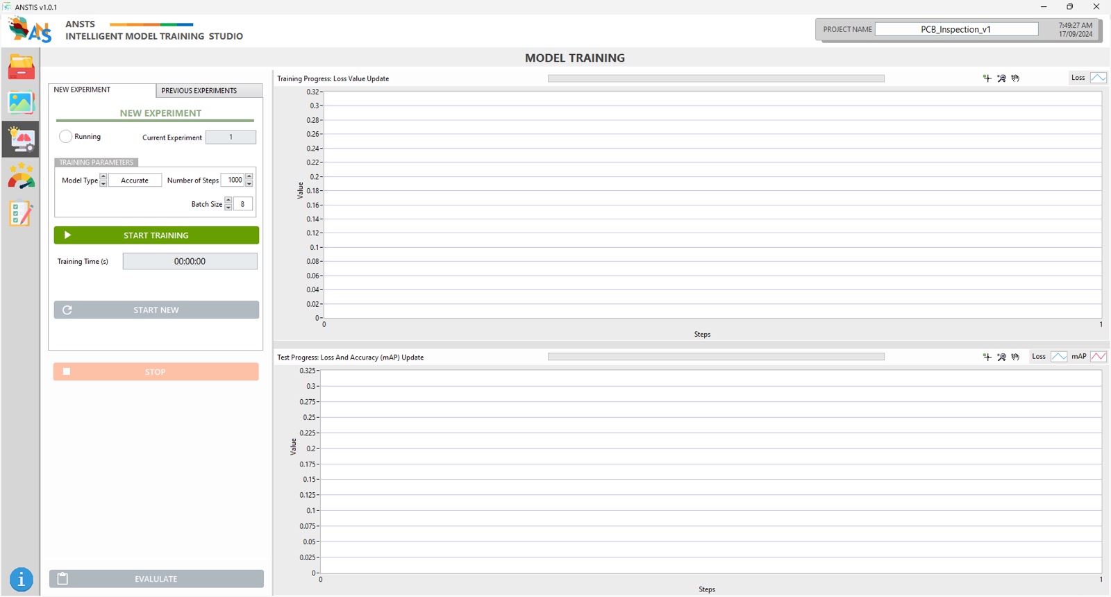 ANSTS training panel — pick a model type, set a few parameters, and start GPU training.