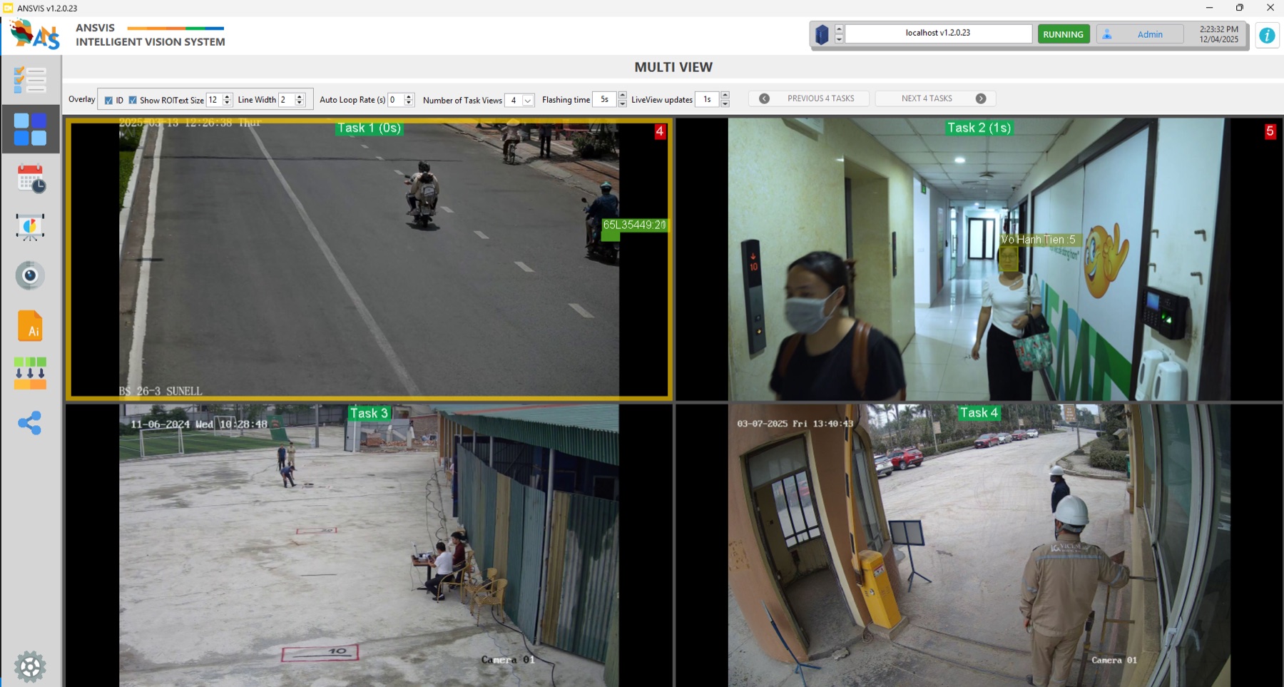 ANSVIS multi-view — four AI tasks running at once: plate reading on a street, face recognition in a corridor, site monitoring and PPE checks