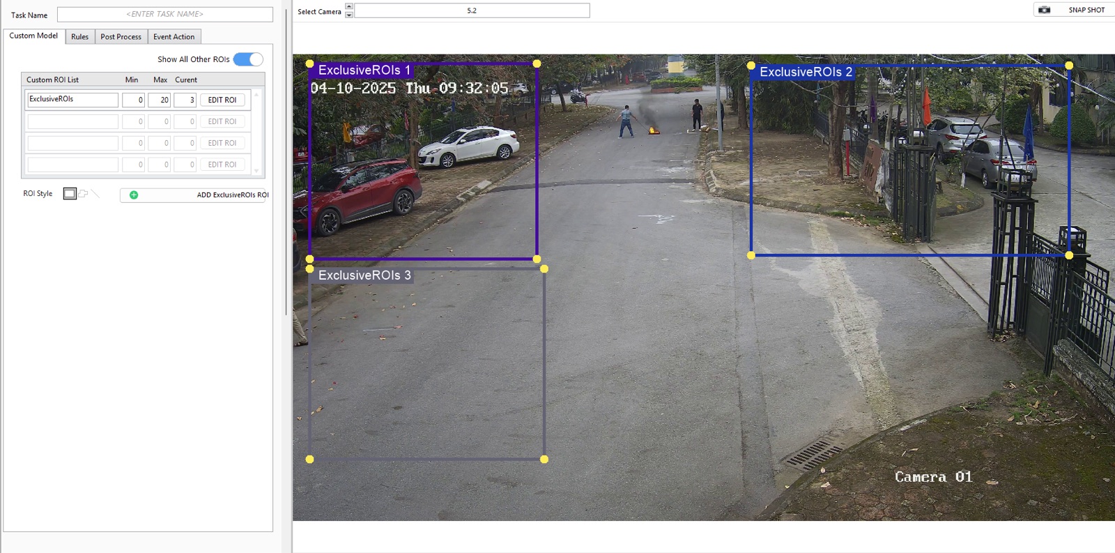 ANSVIS detection-zone editor with three region-of-interest zones drawn over a street scene.