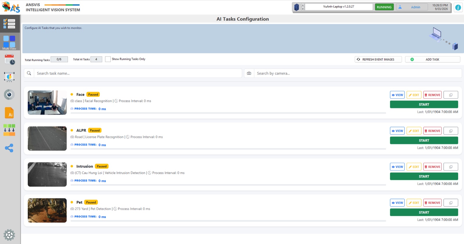 ANSVIS AI Tasks Configuration listing facial recognition, ALPR, intrusion and pet-detection tasks.