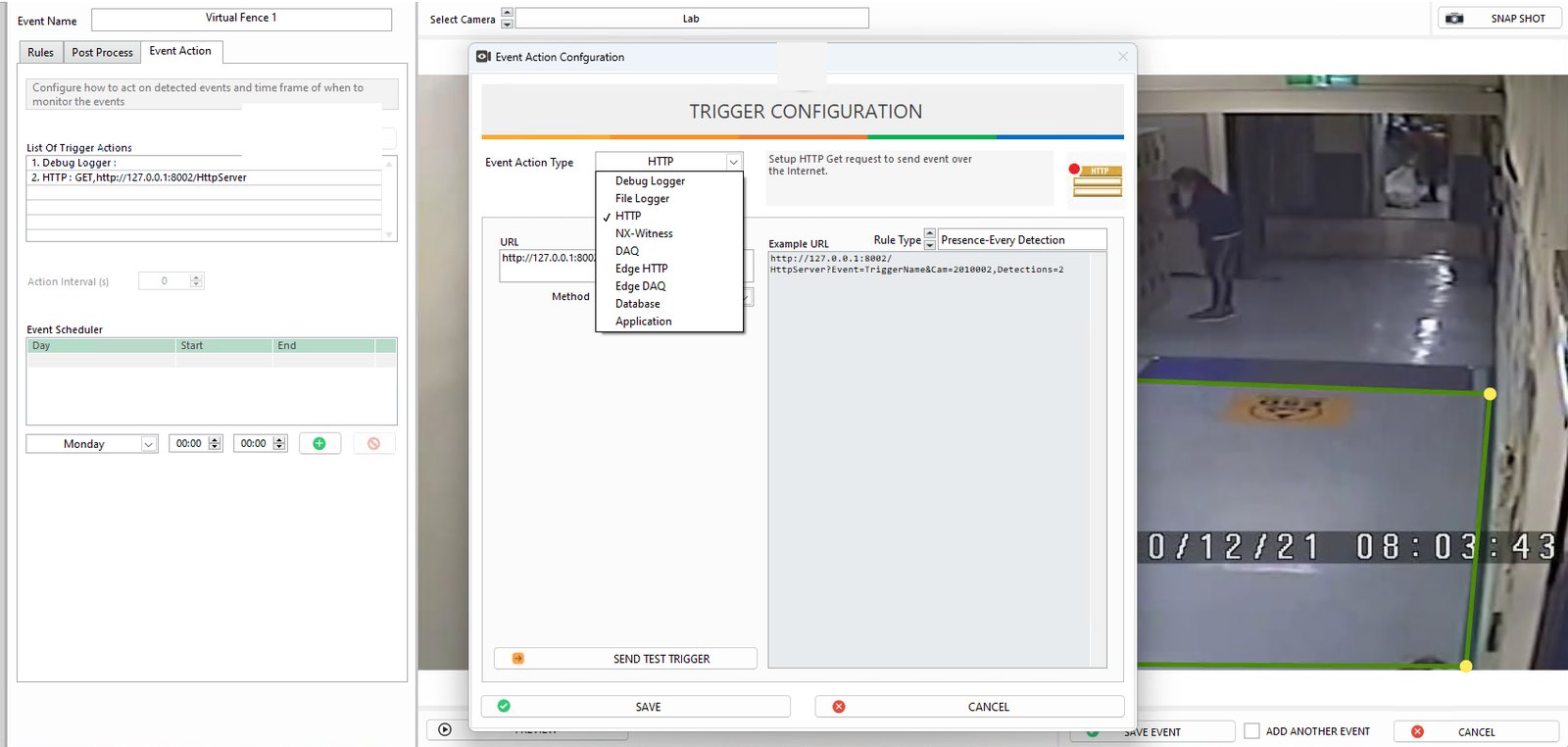 ANSVIS Trigger Configuration — the event-action dropdown listing HTTP, NX Witness, DAQ, database, application and more.
