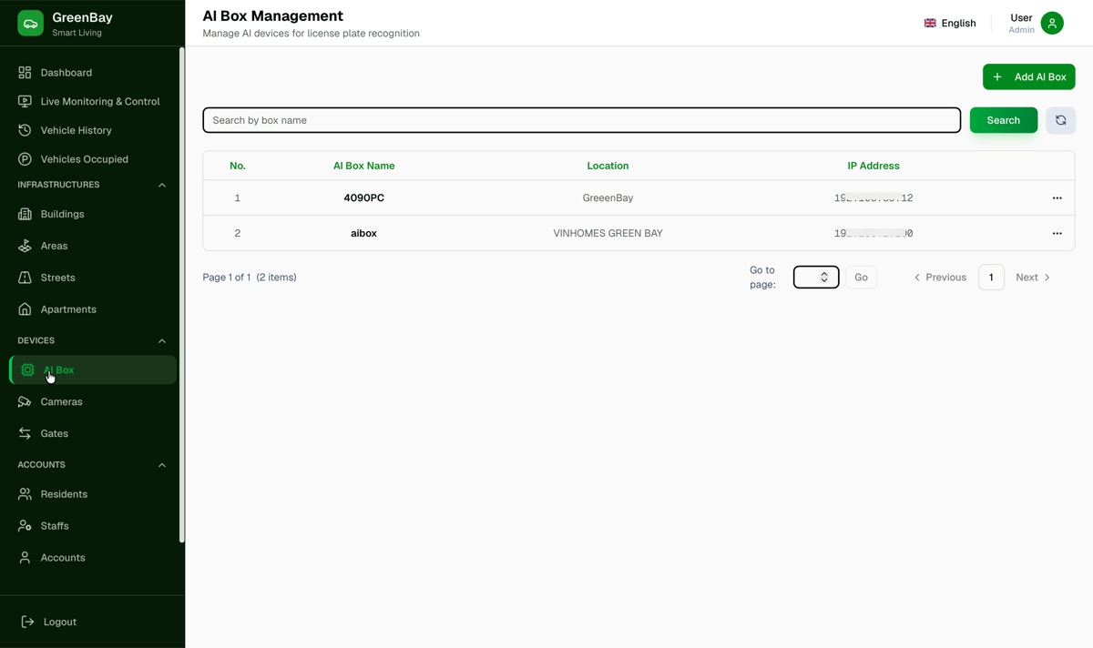 AI Box management screen listing the on-premise ANSBOX devices