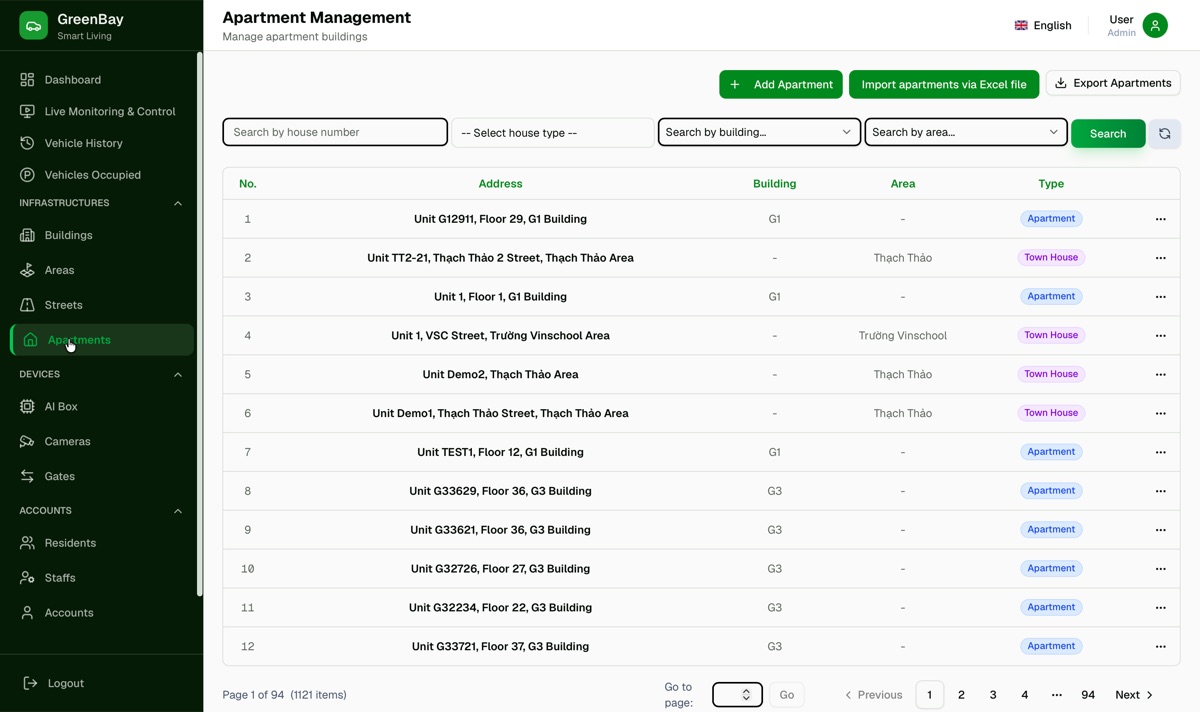 Apartment management screen listing units, buildings, areas and types