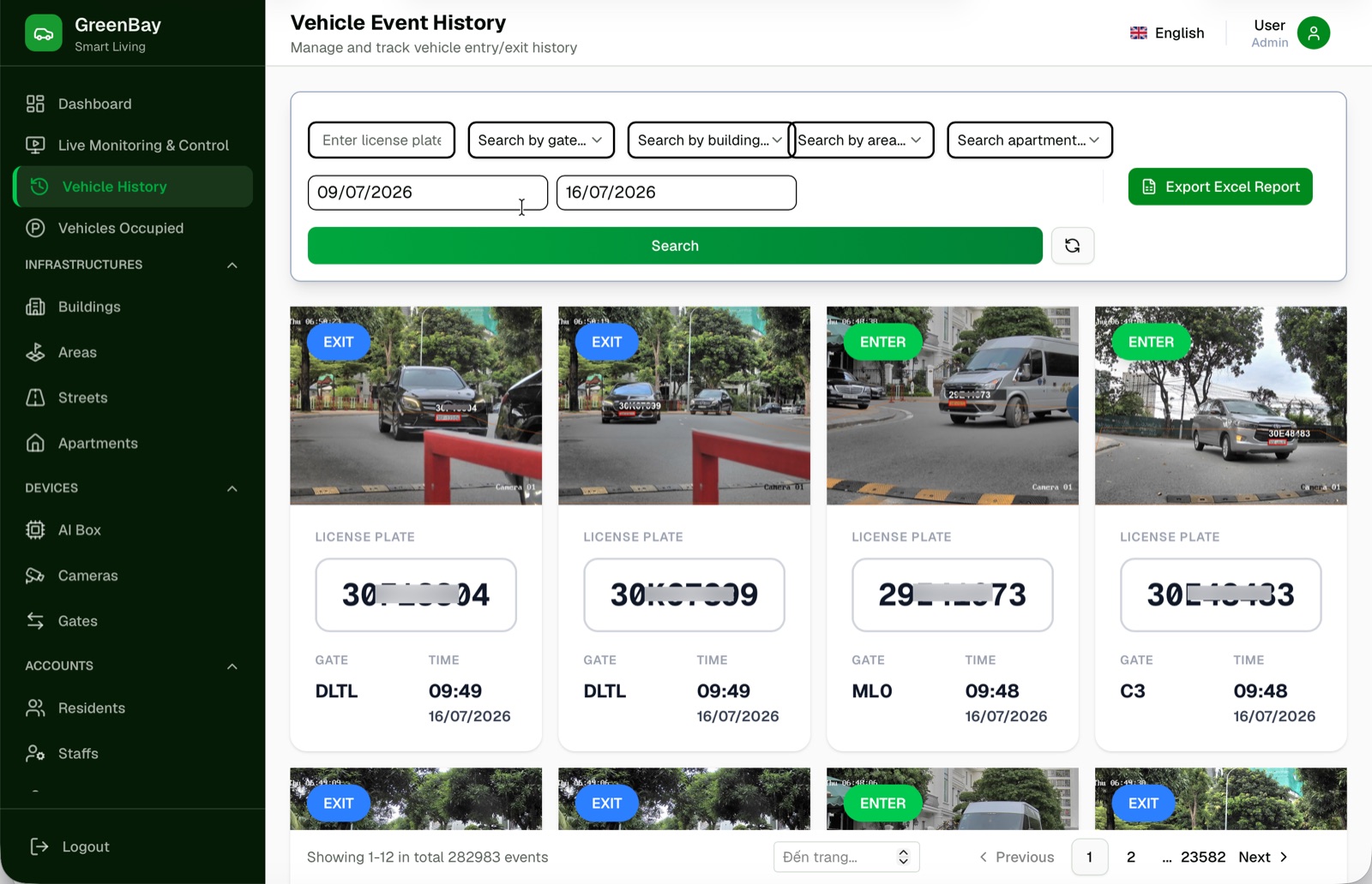 Vehicle event history — a grid of entry and exit events, each with a camera image, licence plate, gate and time